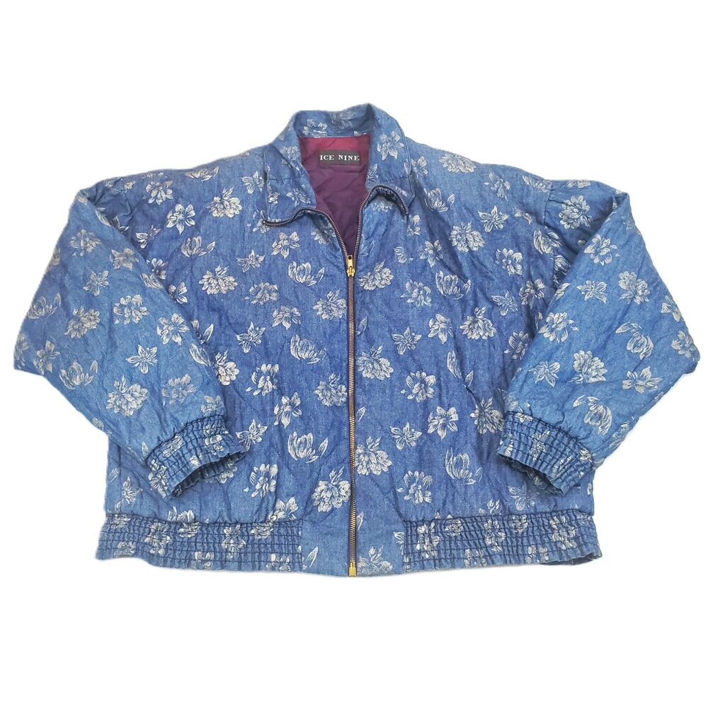 Vintage Women's Bomber Jacket Eclectic Zip Up Blue Floral with Pockets Medium
